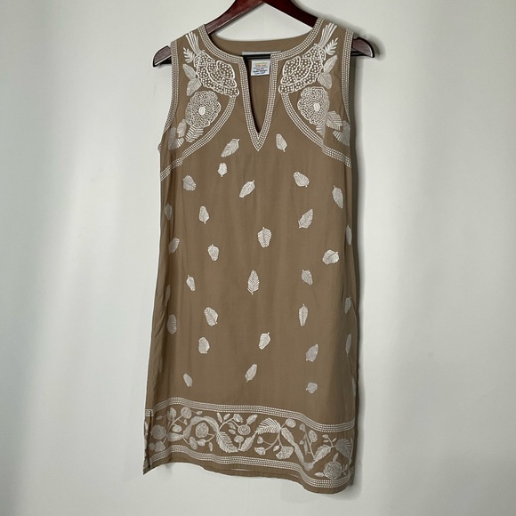 Gretchen Scott Designs Sleeveless Halter Neckline Tan White Leaf Pattern Dress M - Picture 15 of 16